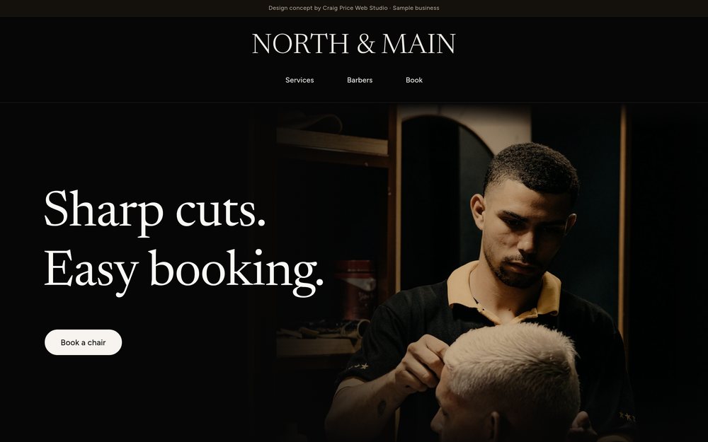 Home page of the North & Main Barbershop concept website