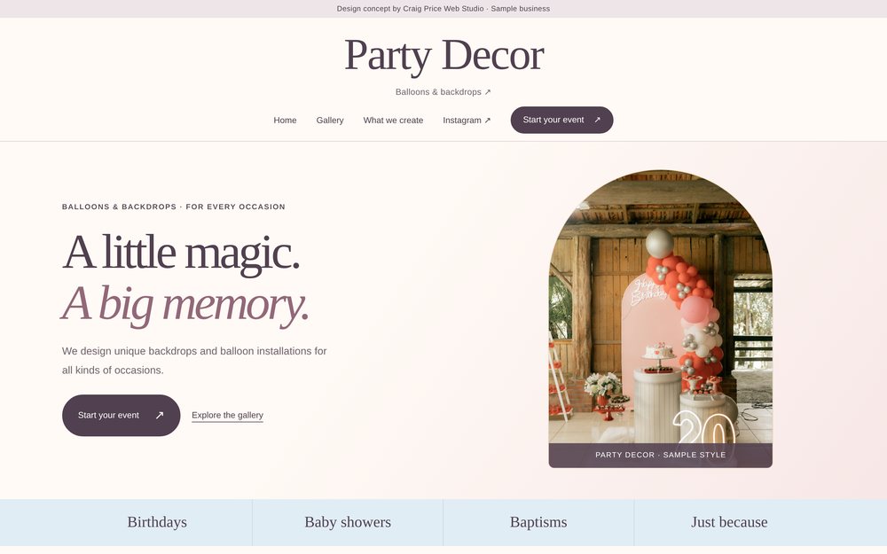 Home page of the Party Decor concept website