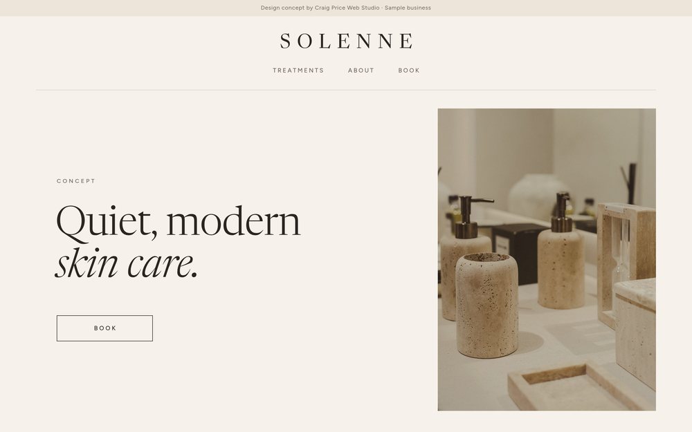 Home page of the Solenne Med Spa concept website